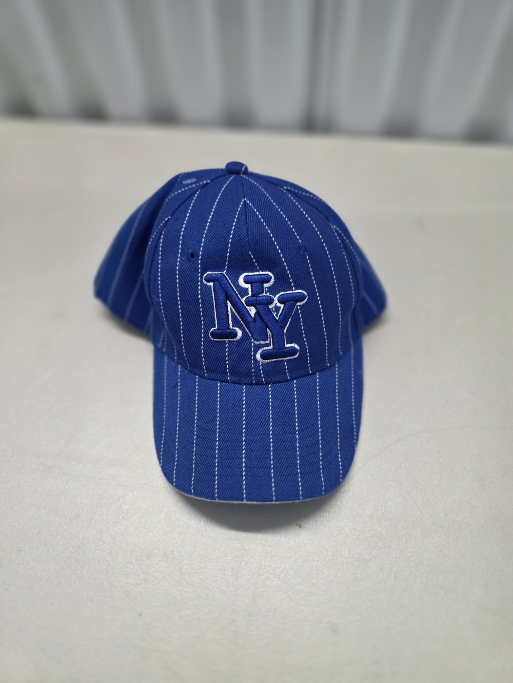 NY Strapback Hat Baseball Cap Blue One Size Embroidered Vent Holes Pinstripe